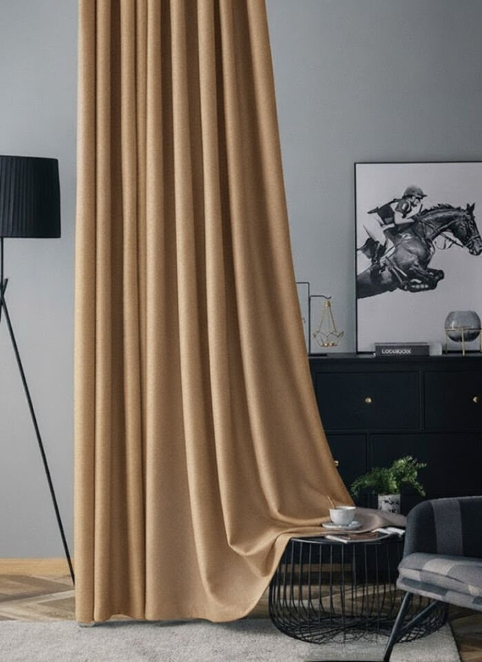 Soft Kadife Fon Perde 90 cm Sık Pile Sarımsı Vizon