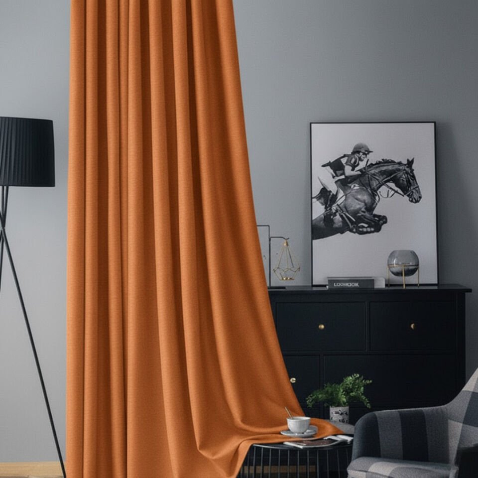 Soft Kadife Fon Perde 90 cm Sık Pile Turuncu