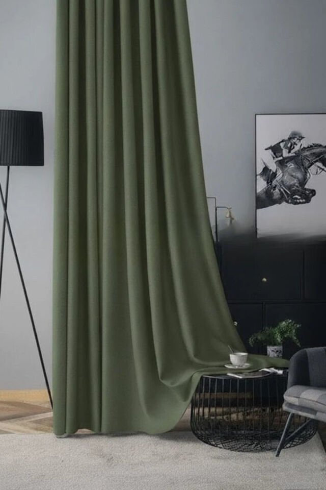 Soft Kadife Fon Perde 90 cm Sık Pile Yaprak Yeşili