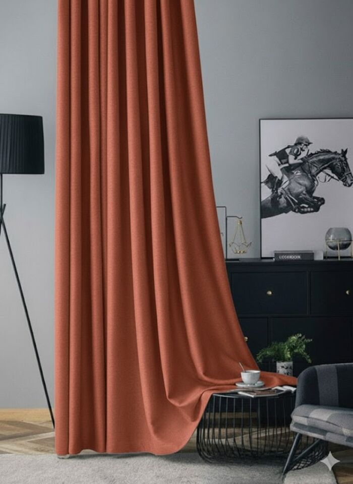 Soft Kadife Fon Perde 90 cm Sık Pile Koyu Kiremit