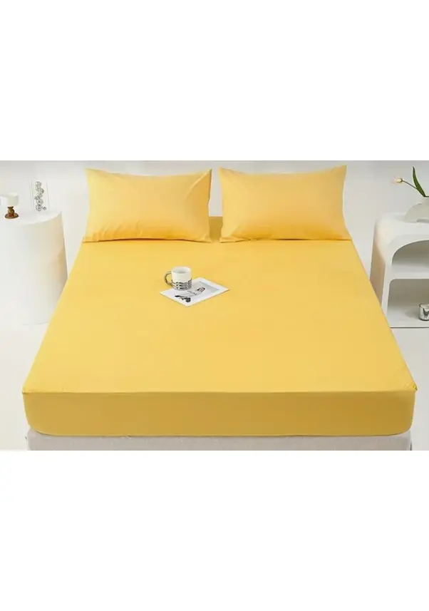 %100 Pamuk Lastikli ve Yastıklı Sarı Çarşaf