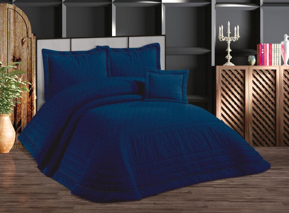 Decoletto Maraş Lacivert Çift Kişilik Kadife Yatak Örtüsü