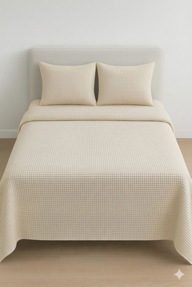 Püre %100 Pamuk Waffle Çift Kişilik Pike Takımı Bej