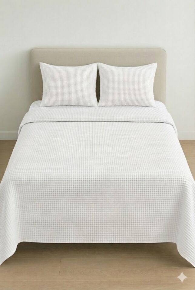 Püre %100 Pamuk Waffle Çift Kişilik Pike Takımı Beyaz