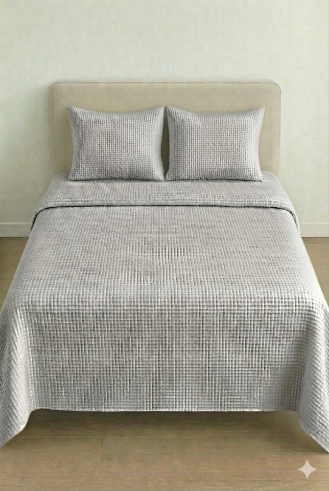 Püre %100 Pamuk Waffle Çift Kişilik Pike Takımı Gri