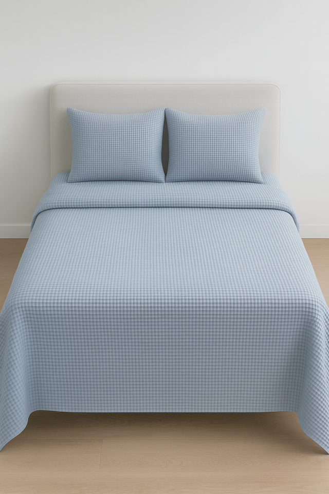 Püre %100 Pamuk Waffle Çift Kişilik Pike Takımı İndigo