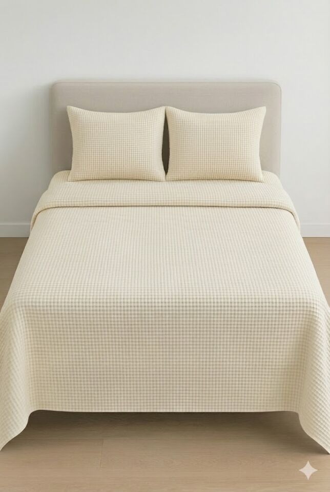 Püre %100 Pamuk Waffle Çift Kişilik Pike Takımı Krem