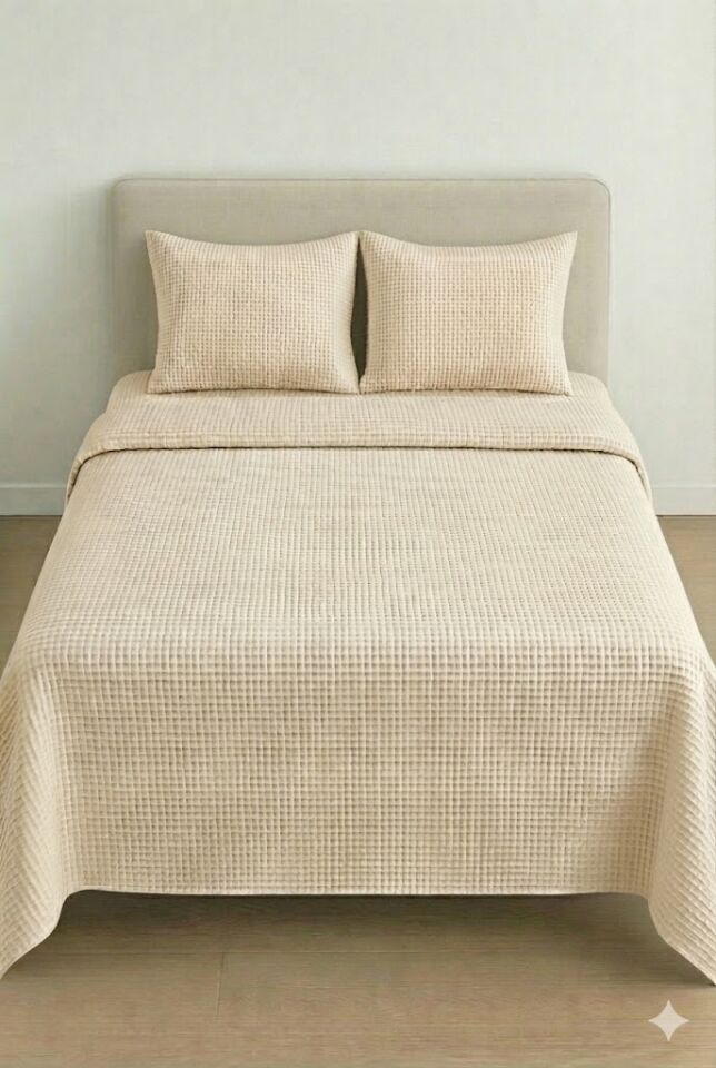 Püre %100 Pamuk Waffle Çift Kişilik Pike Takımı Taş