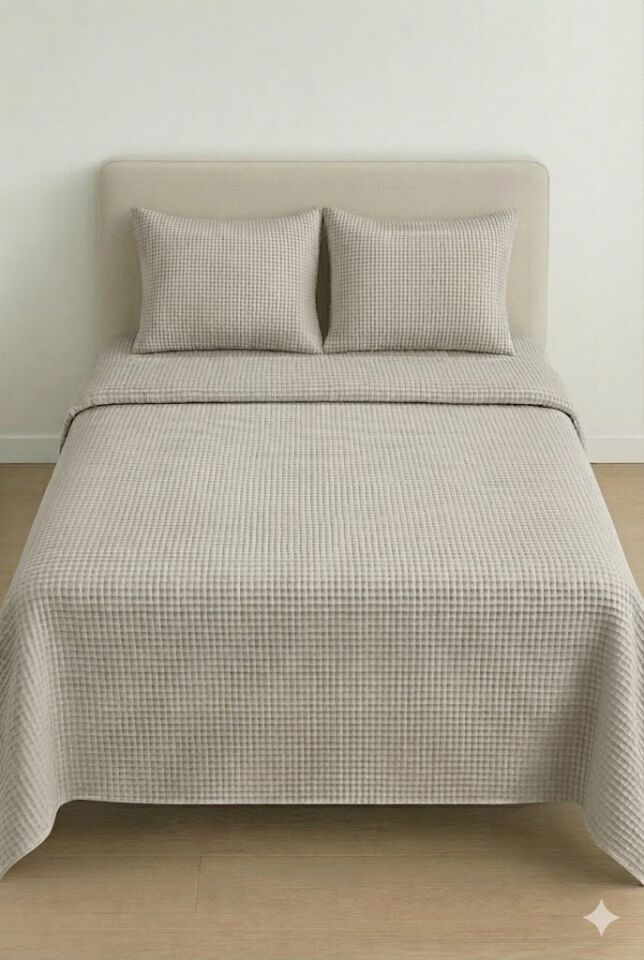 Püre %100 Pamuk Waffle Çift Kişilik Pike Takımı Vizon