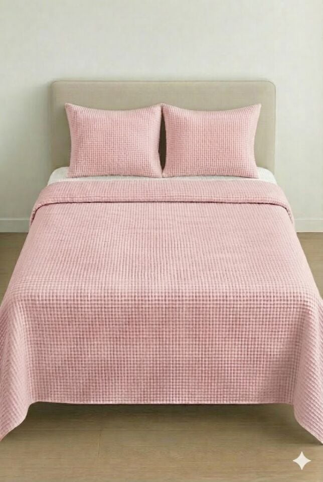 Püre %100 Pamuk Waffle Çift Kişilik Pike Takımı Pembe