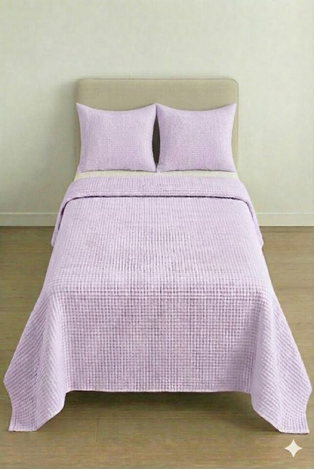Püre %100 Pamuk Waffle Çift Kişilik Pike Takımı Lila